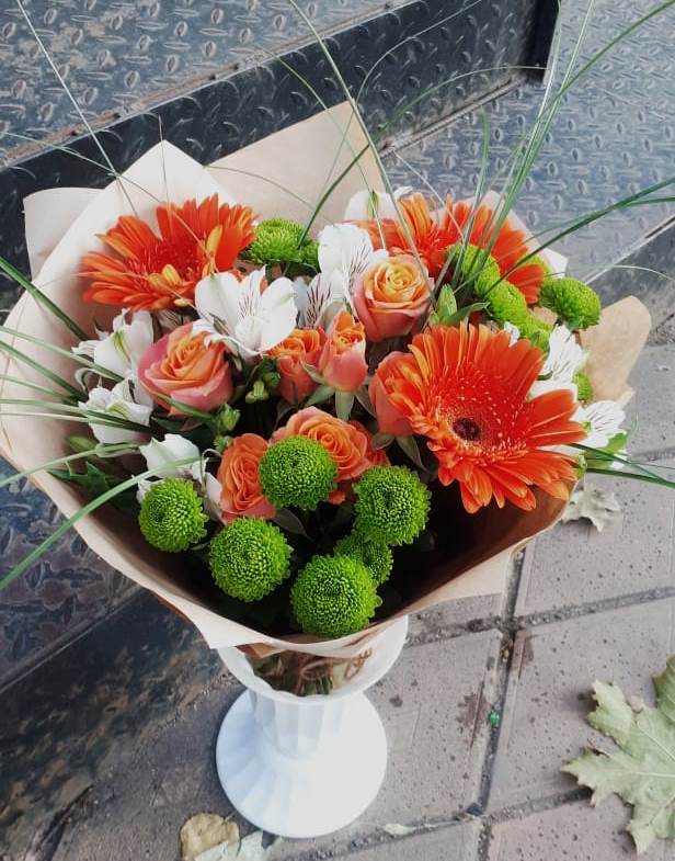 Букет цветов из: Герберы, Хризантемы, Альстромерии и Розы в Духанино