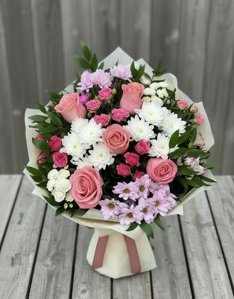 Букет цветов из: Альстромерии, Гвоздики, Розы и Хризантемы в Духанино