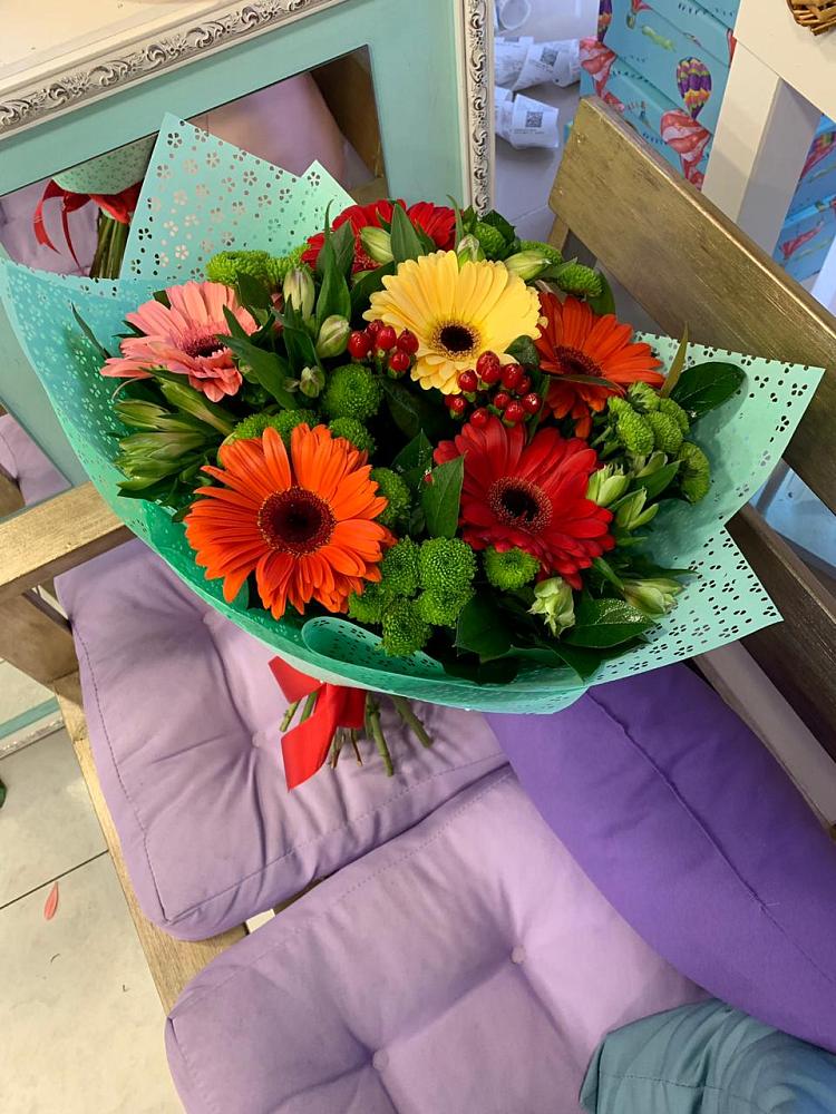 Букет цветов из: Герберы, Хризантемы и Альстромерии в Духанино