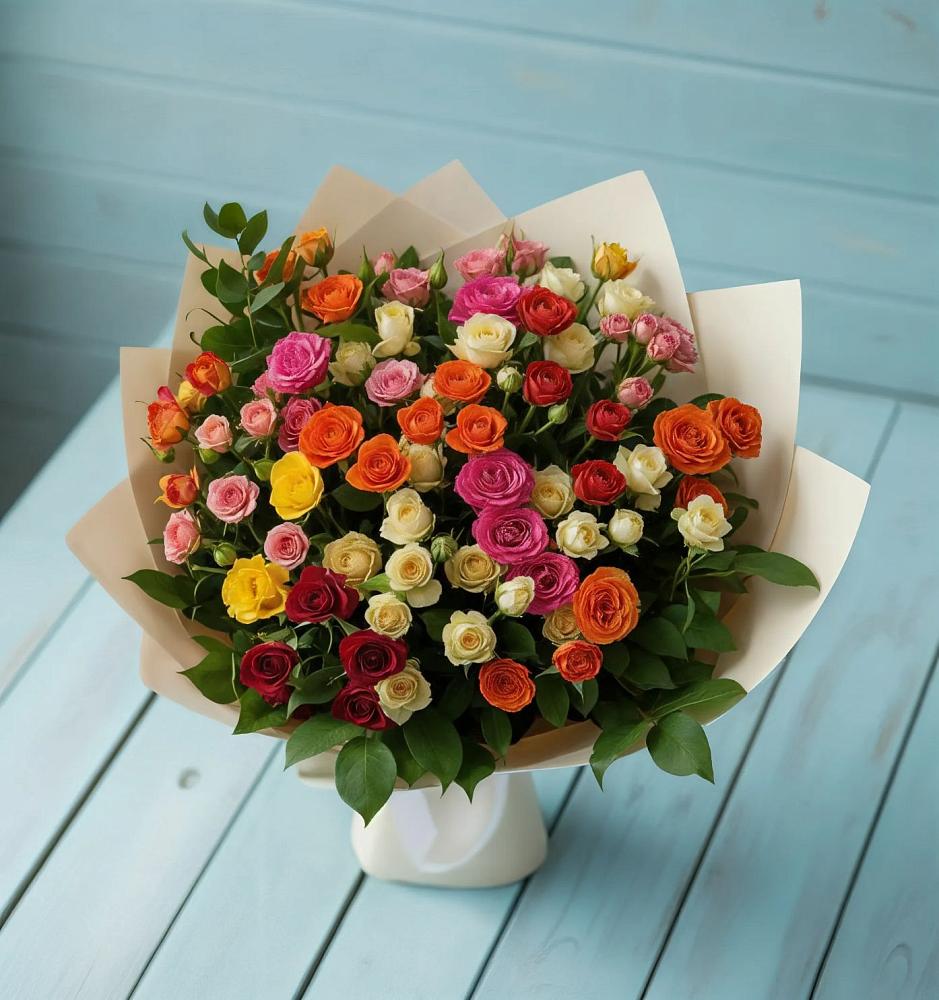 Букет Микс из разноцветных кустовых роз в Духанино