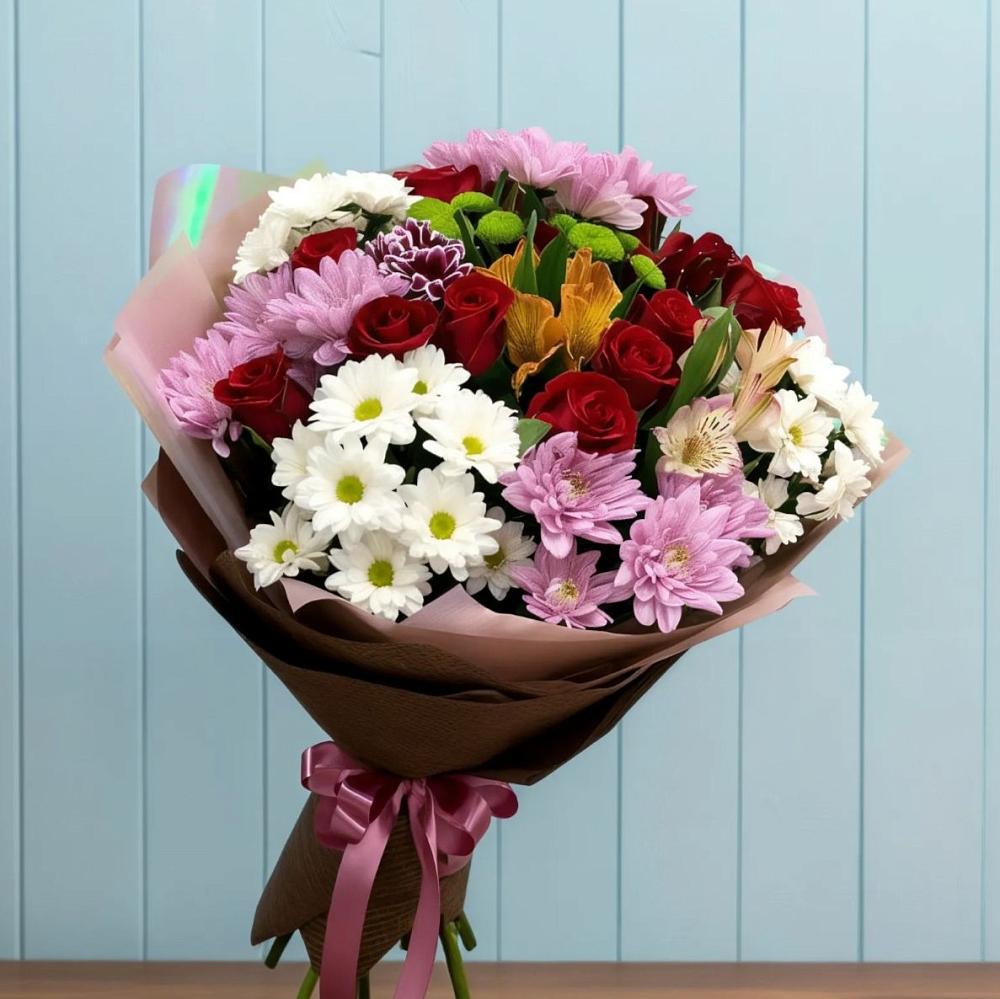 Букет цветов из: Розы, Хризантемы и Альстромерии в Духанино