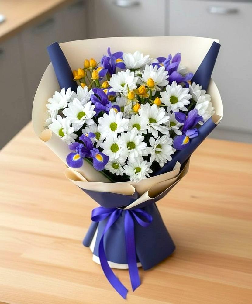 Букет цветов из: Розы, Ирисы и Хризантемы в Духанино