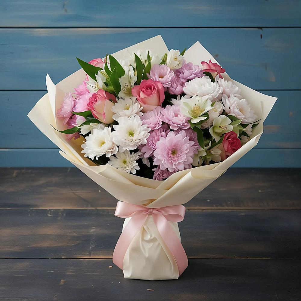 Букет цветов из: Хризантемы, Альстромерии и Розы в Духанино